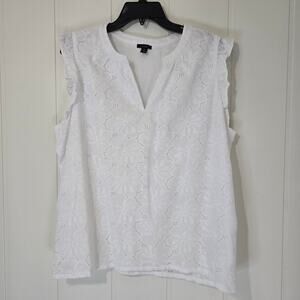 Ann Taylor Factory White Lace Eyelet Ruffle Sleeveless Blouse Size XL